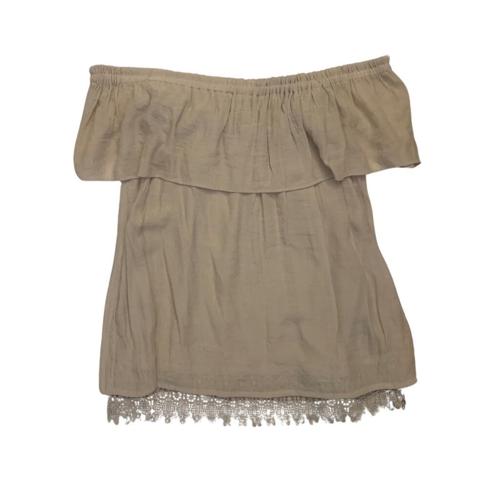 2/$30 Boho Off The Shoulder Top Beige Tan Blouse Lace Summer Getaway Coastal